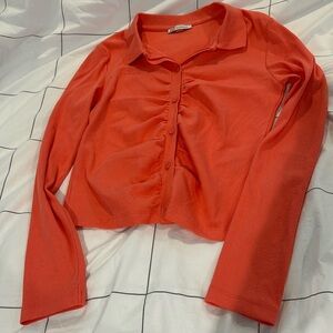 Zara women’s large coral ruched long sleeve button up